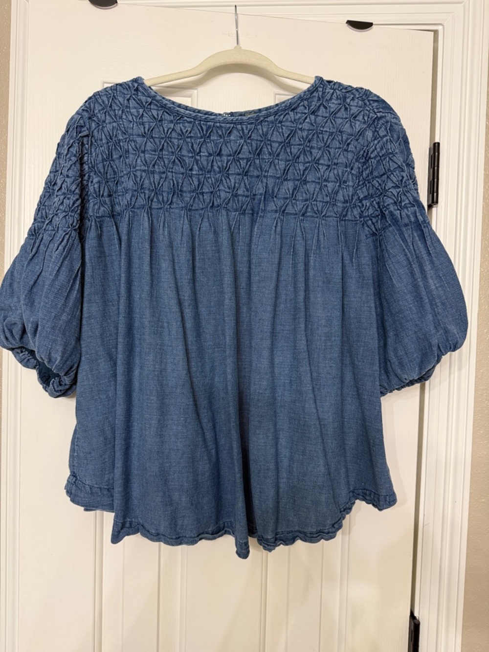 Anthropologie Denim-Blue Smocked Peasant Blouse